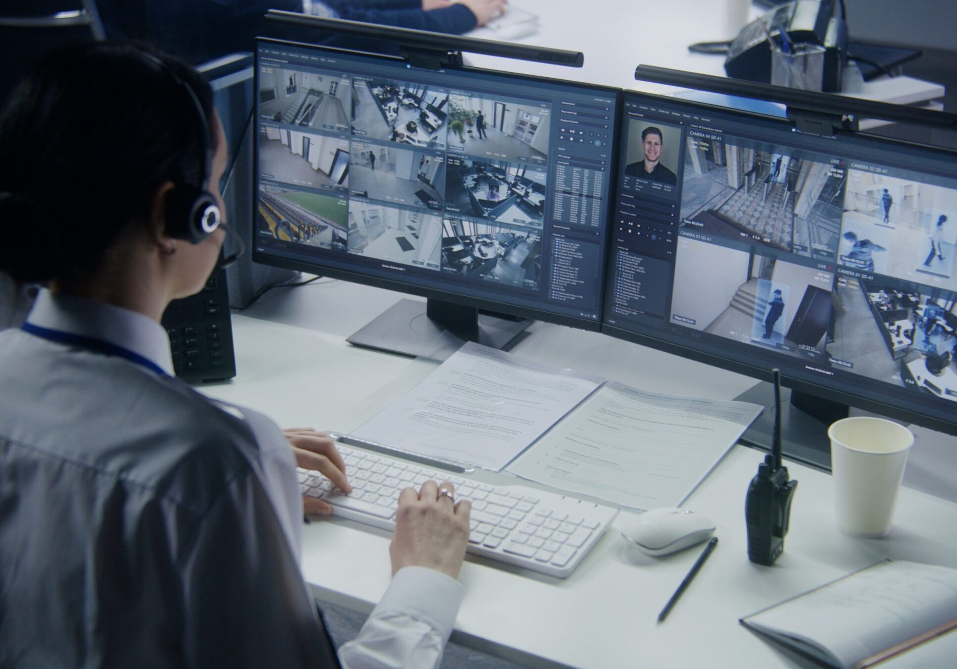 Security officer in headset controls CCTV cameras with AI facial recognition on PC. Female employee works in security control center. Computer monitors showing surveillance cameras video footage.