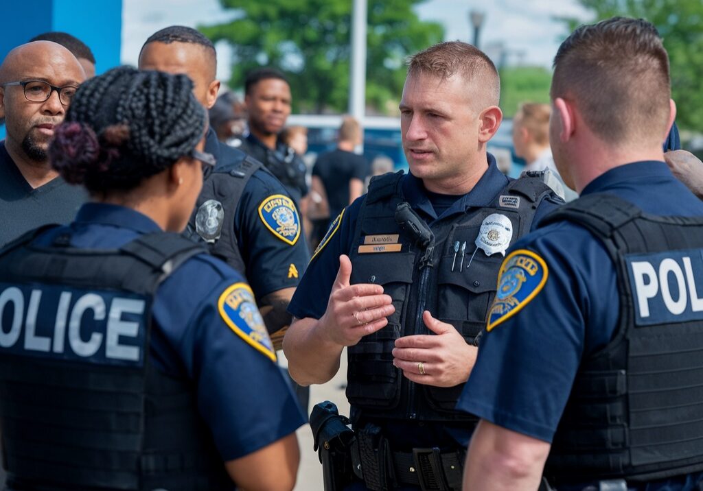 A group of police officers in uniform engaging in a focused discussion outdoors. They are wearing badges and tactical gear, including body cameras and radios.